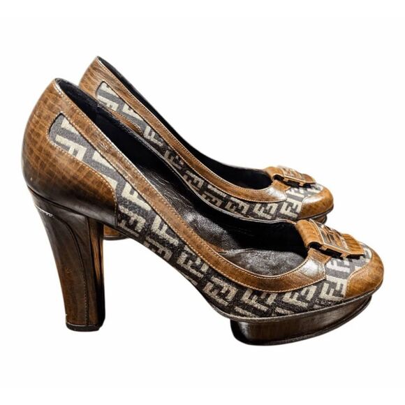 FENDI Zucca FF Leather Logo Platform Pumps Size 38 - Picture 3 of 12